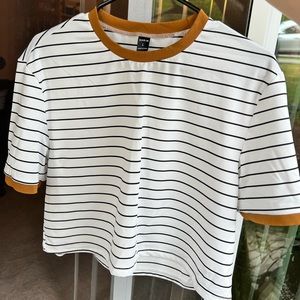 Black and white striped cropped t-shirt with golden/mustard yellow, size large.